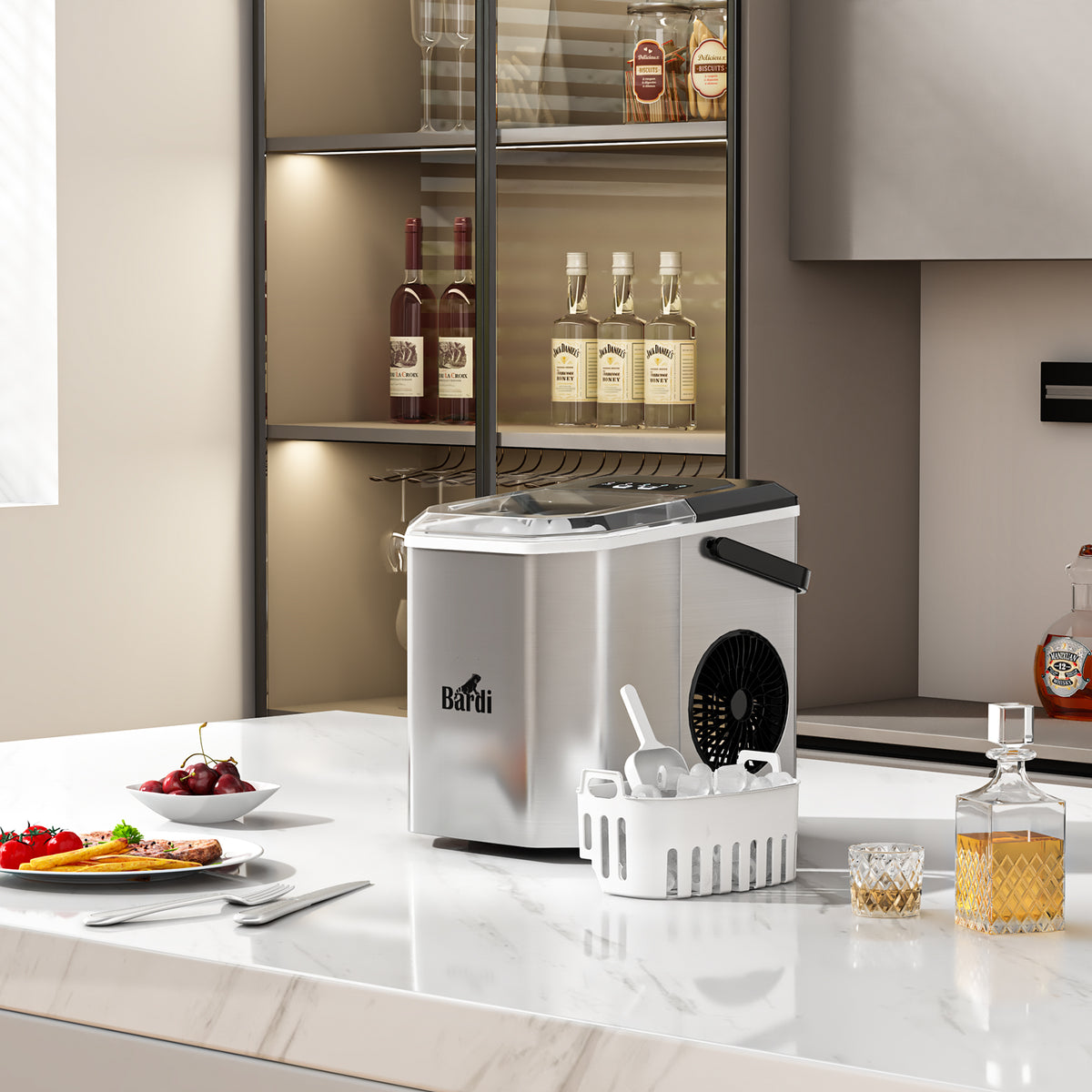 Bardi 1.3L Deluxe IJsblokjesmachine Square – IJsblokmaker Inclusief Luxe Thermosbeker en IJsschep – 9 Blokjes in 8 Minuten – GUNMETAL RVS