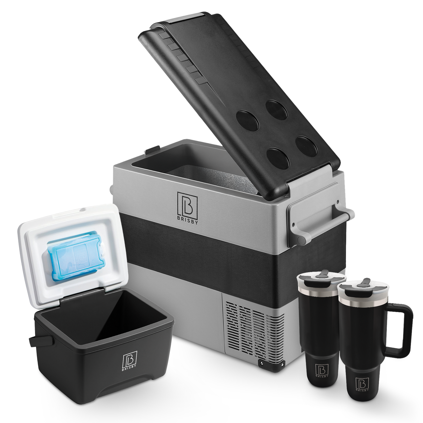 Brisby Compressor koelbox 49,5L grijs + 8L koelbox zwart set - incl. 2x 1,2L thermosbekers