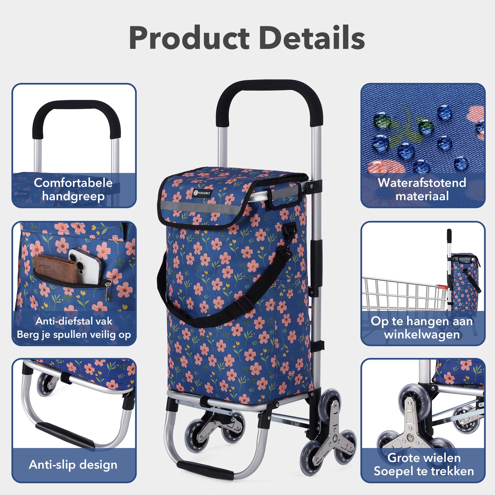 Packaway Boodschappentrolley met Trapwielen 40 Liter - Opvouwbare Boodschappenwagen met ruim Koelvak - Blue Blossom