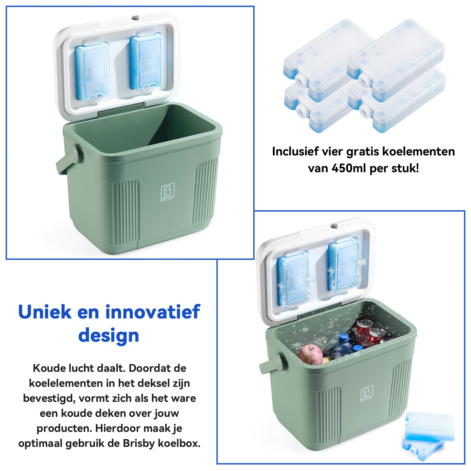 Brisby Koelbox 22L groen + 3-delige vershoudbakjes + 2 thermosflessen 0,5L set