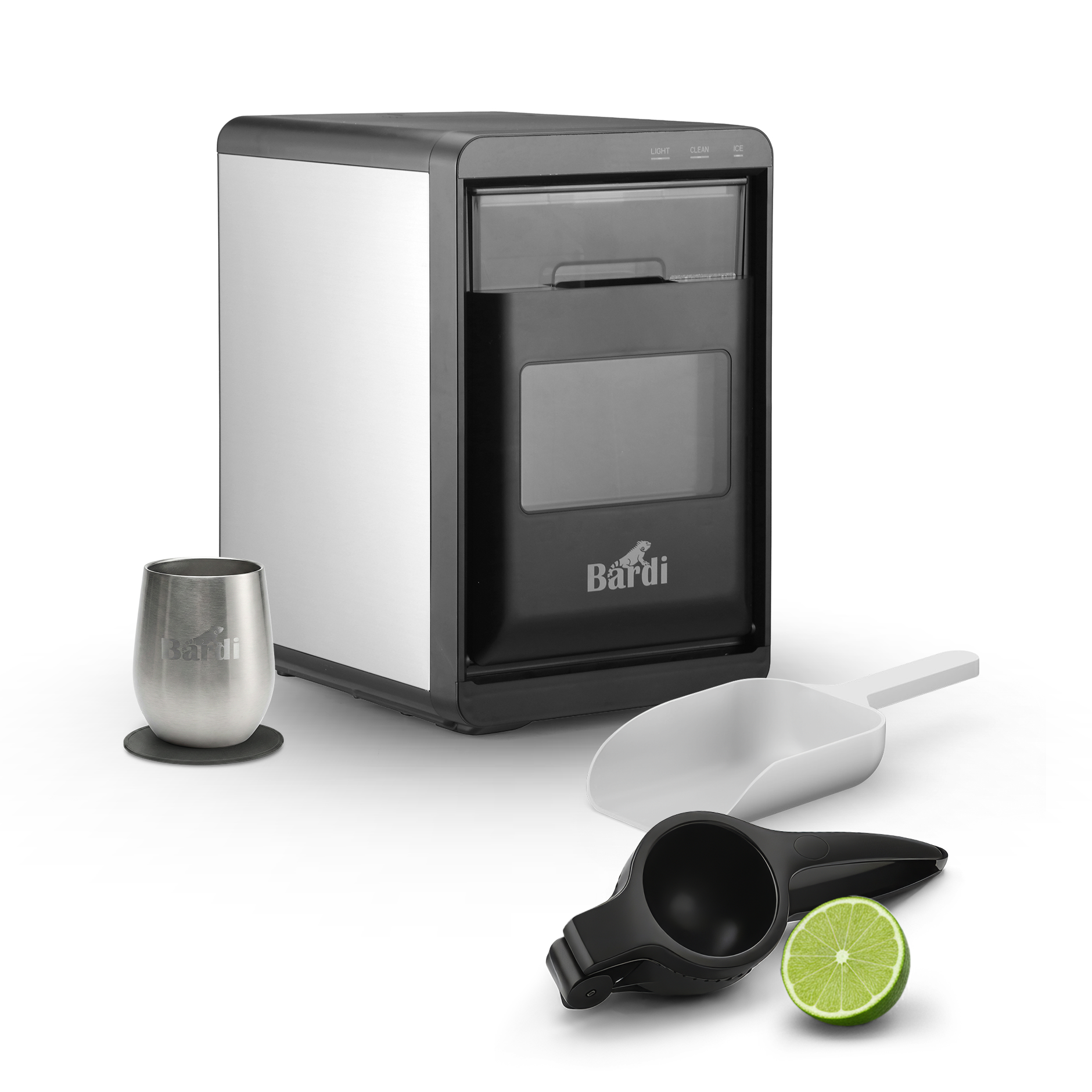 Bardi 1,8L Deluxe Ijsblokjesmachine Zwart - Crushed ICE machine - Nugget IJsblokjesmachine - LED Verlichting - 20Kg/24 uur. inclusief Thermosbeker - RVS/ZWART met citruspers ZWART