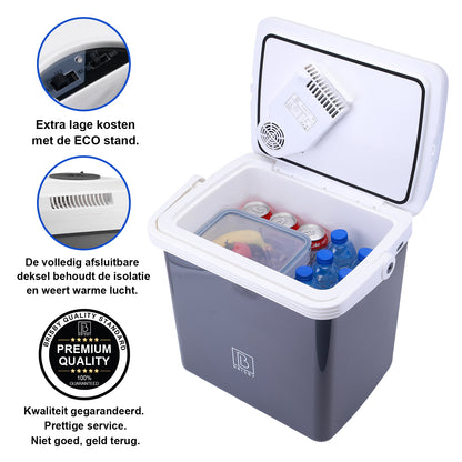 Elektrische koelbox 25L grijs - AC/DC 12V, 220/230V - incl. divider en vershoudbakjes - vergrendelbare deksel