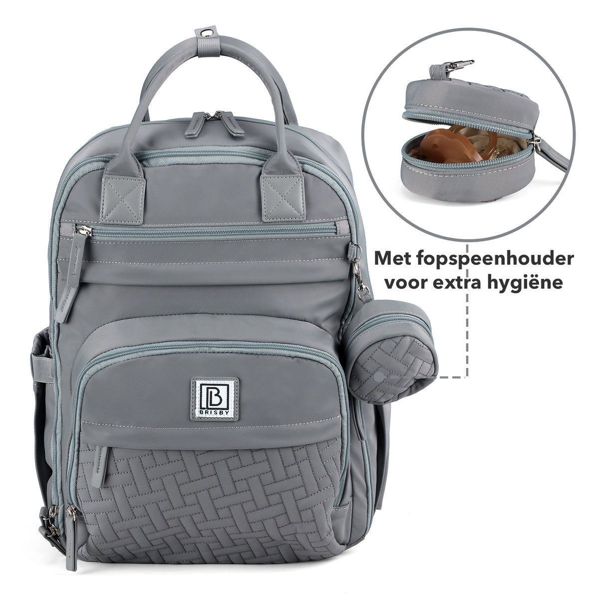 Brisby Premium Luiertas – Uitgebreide en Functionele Verzorgingstas – met buggymontage – Anti Diefstal Vakken - Reistrolley Sleeve - Inclusief verschoonmatje t.w.v.15,99 euro en speenhouder - Levenslange Garantie - Misty Grey