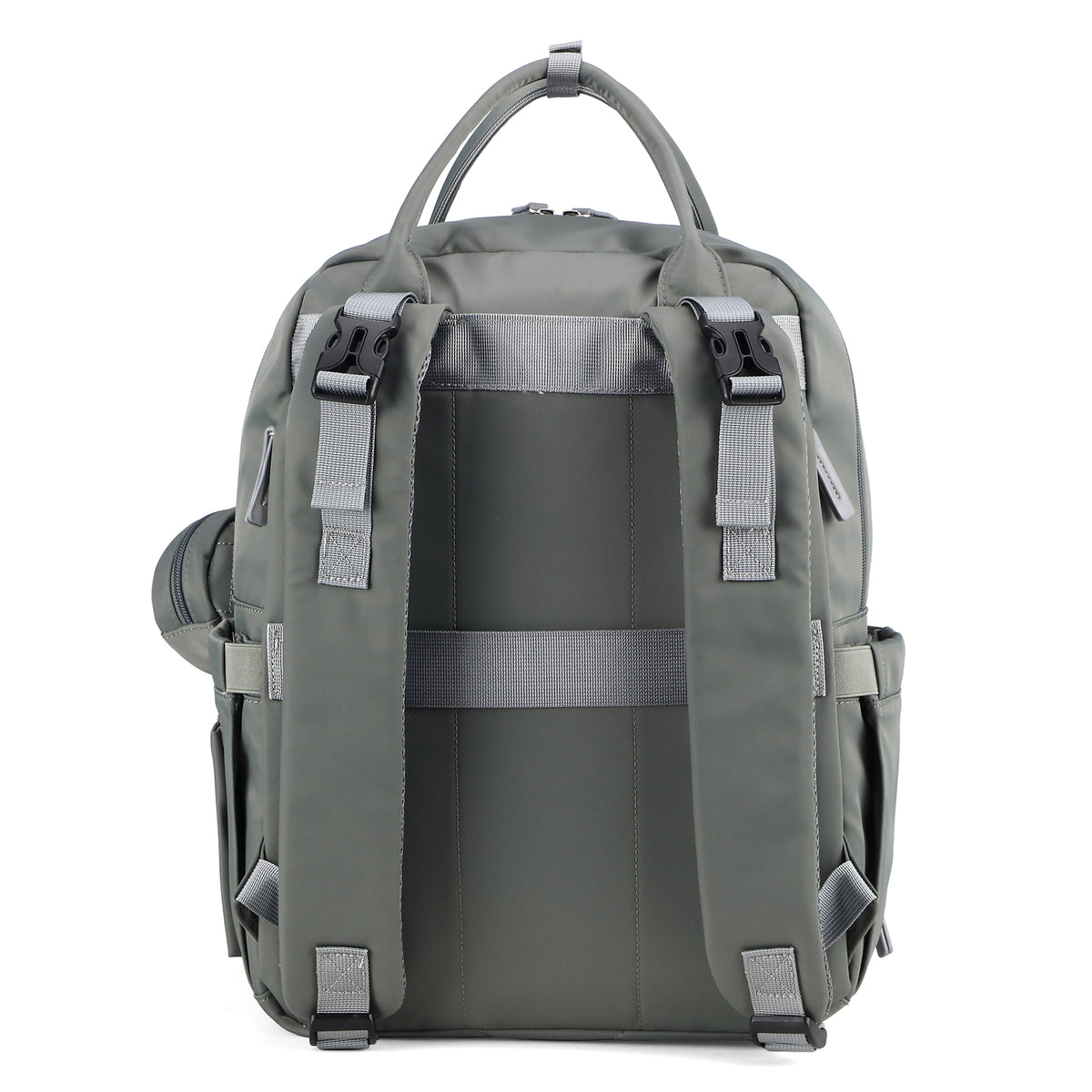 Brisby Premium Luiertas – Uitgebreide en Functionele Verzorgingstas – met buggymontage – Anti Diefstal Vakken - Reistrolley Sleeve - Inclusief verschoonmatje t.w.v.15,99 euro en speenhouder - Levenslange Garantie - Misty Green