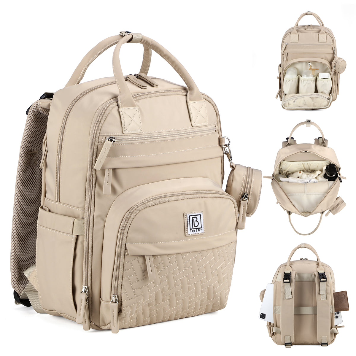 Brisby Premium Luiertas – Uitgebreide en Functionele Verzorgingstas – met buggymontage – Anti Diefstal Vakken - Reistrolley Sleeve - Inclusief verschoonmatje t.w.v.15,99 euro en speenhouder - Levenslange Garantie - Natural Champagne