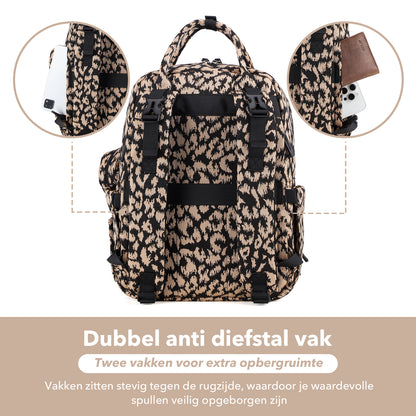 Brisby Premium Luiertas – Uitgebreide en Functionele Verzorgingstas – met buggymontage – Anti Diefstal Vakken - Reistrolley Sleeve - Inclusief verschoonmatje t.w.v.15,99 euro en speenhouder - Levenslange Garantie - Leo