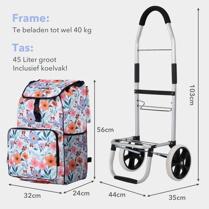 Packaway Boodschappentrolley 45L met Koelvak - Boodschappenwagen met Grote Wielen - Steekwagenfunctie - Waterafstotend - Pastel Blossom