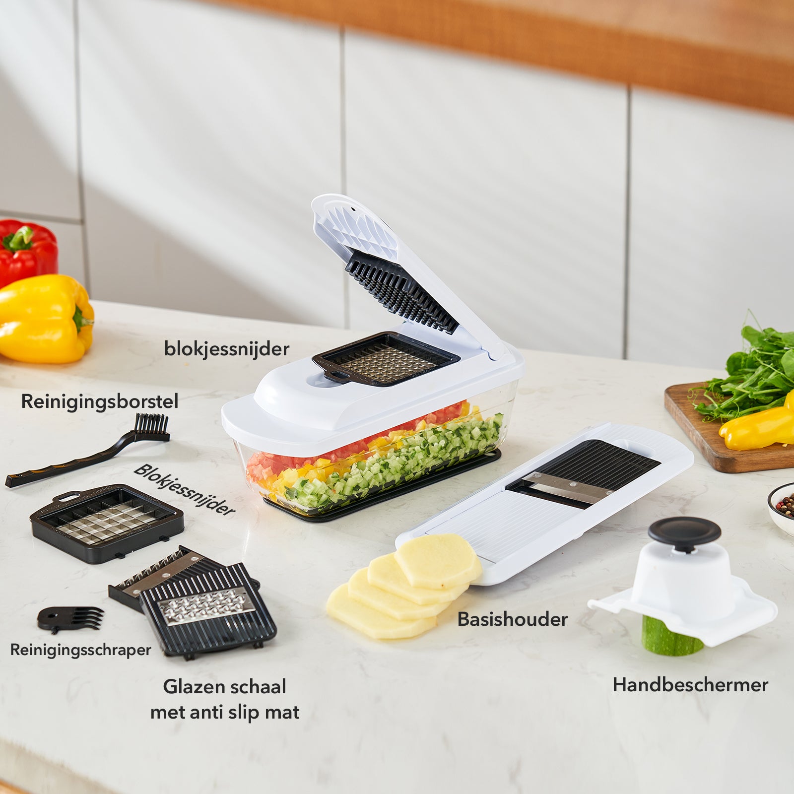 Bardi 12-delige mandoline met glazen ovenschaal - groentesnijder - anti-slip mat - glas & RSV - wit