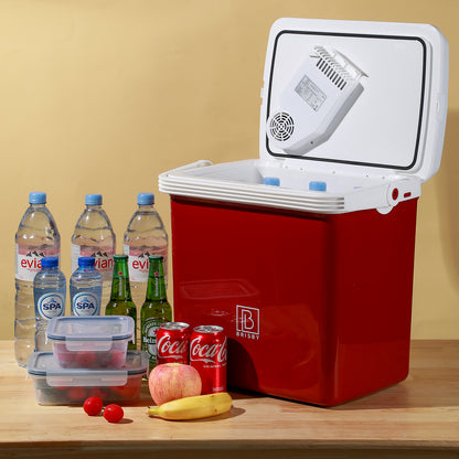 Elektrische koelbox 25L rood - AC/DC 12V, 220/230V - incl. divider en vershoudbakjes - vergrendelbare deksel