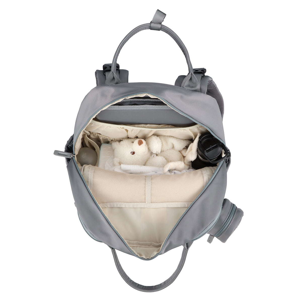 Brisby Premium Luiertas – Uitgebreide en Functionele Verzorgingstas – met buggymontage – Anti Diefstal Vakken - Reistrolley Sleeve - Inclusief verschoonmatje t.w.v.15,99 euro en speenhouder - Levenslange Garantie - Misty Grey