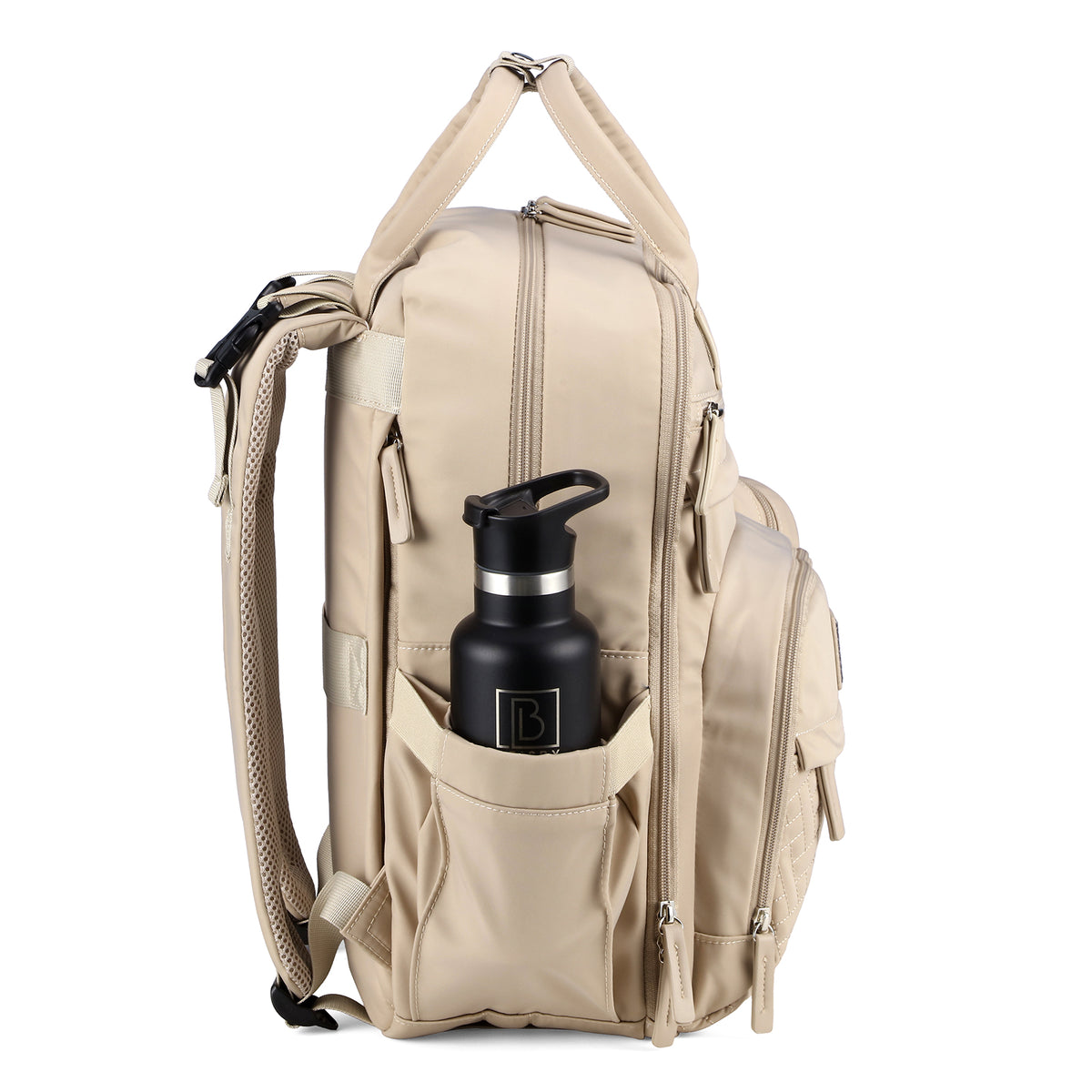 Brisby Premium Luiertas – Uitgebreide en Functionele Verzorgingstas – met buggymontage – Anti Diefstal Vakken - Reistrolley Sleeve - Inclusief verschoonmatje t.w.v.15,99 euro en speenhouder - Levenslange Garantie - Natural Champagne