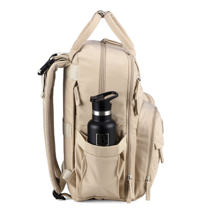 Brisby Premium Luiertas – Uitgebreide en Functionele Verzorgingstas – met buggymontage – Anti Diefstal Vakken - Reistrolley Sleeve - Inclusief verschoonmatje t.w.v.15,99 euro en speenhouder - Levenslange Garantie - Natural Champagne