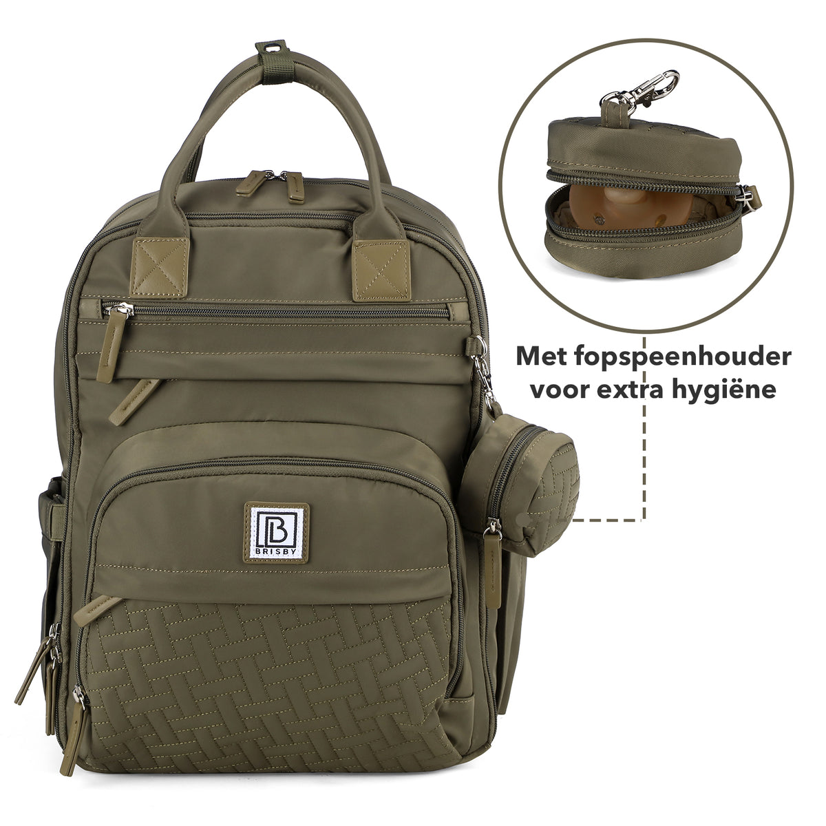 Brisby Premium Luiertas – Uitgebreide en Functionele Verzorgingstas – met buggymontage – Anti Diefstal Vakken - Reistrolley Sleeve - Inclusief verschoonmatje t.w.v.15,99 euro en speenhouder - Levenslange Garantie - Olive Green