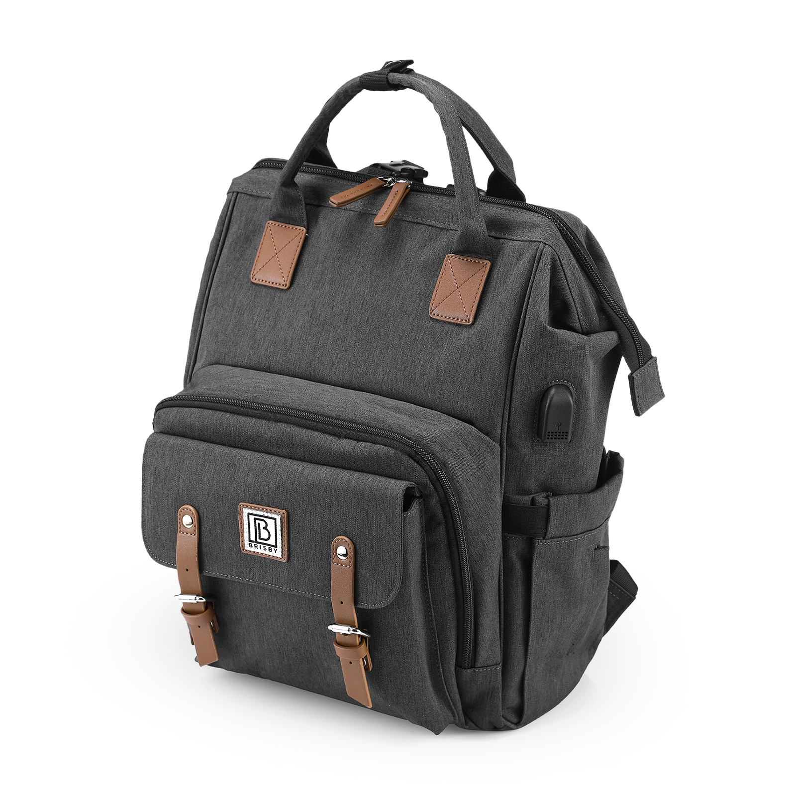 Stayopen diaper bag dark gray - nursing bag - stay-open frame - USB charging function - incl. buggy mounting and changing mat