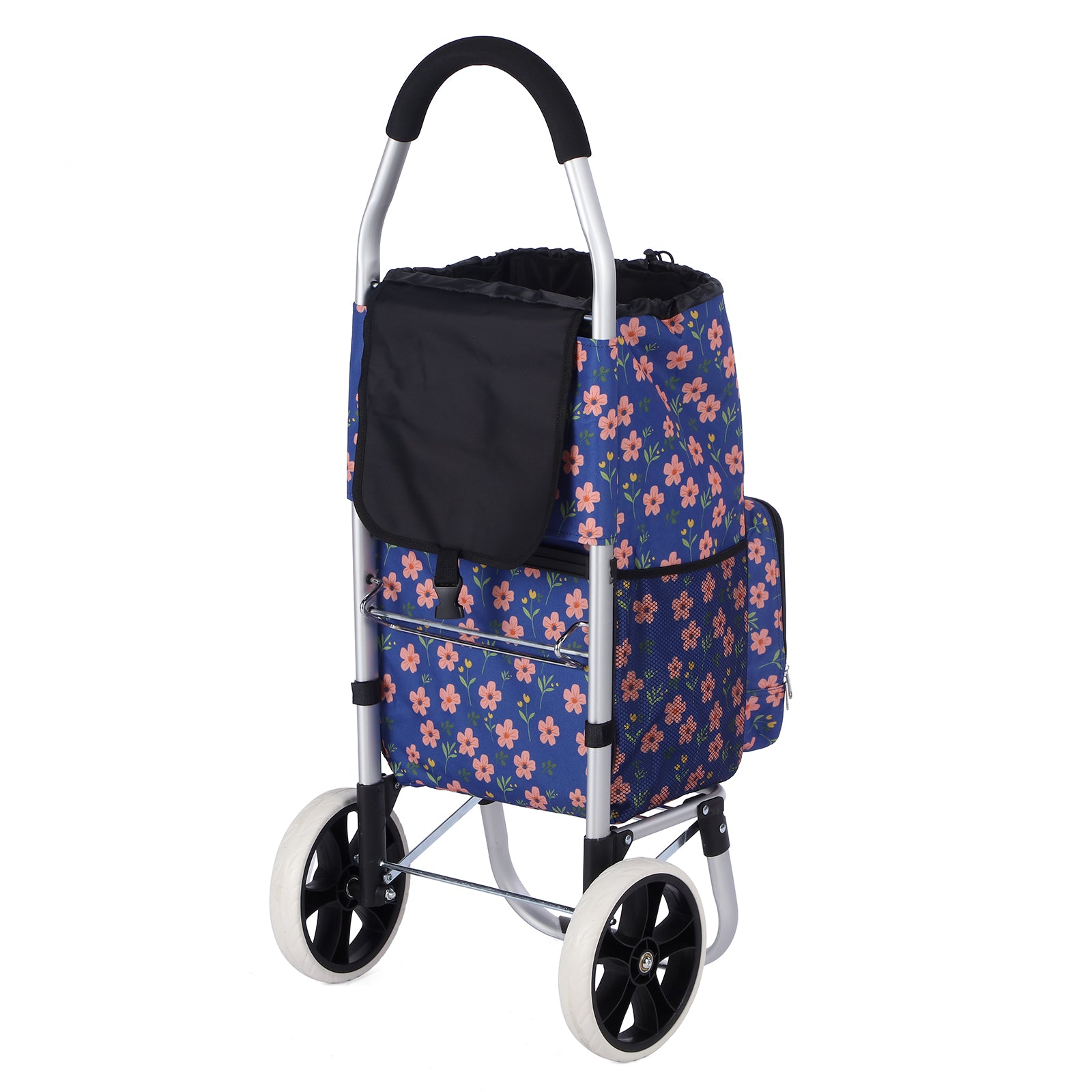 Packaway Boodschappentrolley 45L met Koelvak - Boodschappenwagen met Grote Wielen - Steekwagenfunctie - Waterafstotend - Blue Blossom