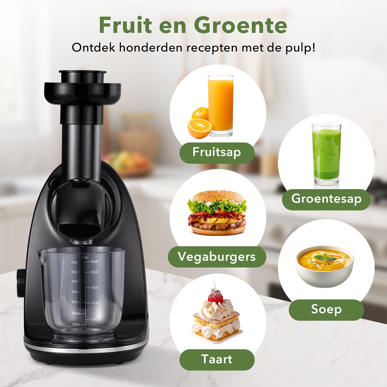 Bardi Slowjuicer zwart - 700 ml pulpreservoir - incl. schenkkan