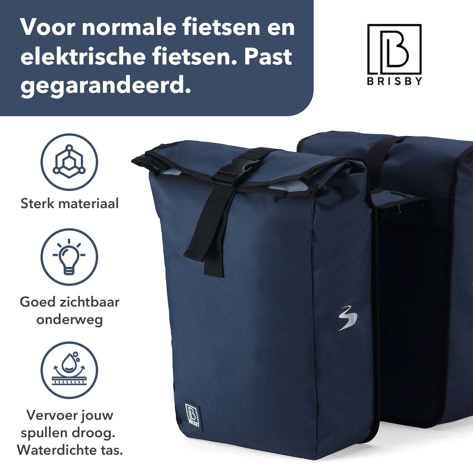 Brisby Dubbele Fietstas Rolltop Zwart 39-48L Waterdicht Geschikt voor Elektrische Fietsen & E-Bike - Blauw