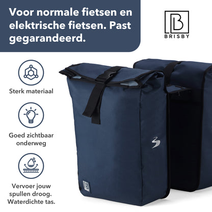 Brisby Dubbele Fietstas Rolltop Zwart 39-48L Waterdicht Geschikt voor Elektrische Fietsen & E-Bike - Blauw
