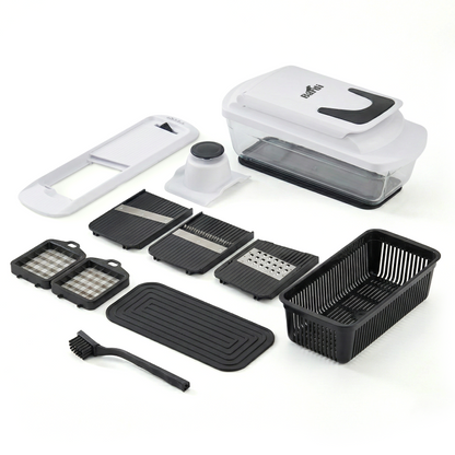 Bardi 12-delige mandoline met glazen ovenschaal - groentesnijder - anti-slip mat - glas & RSV - wit