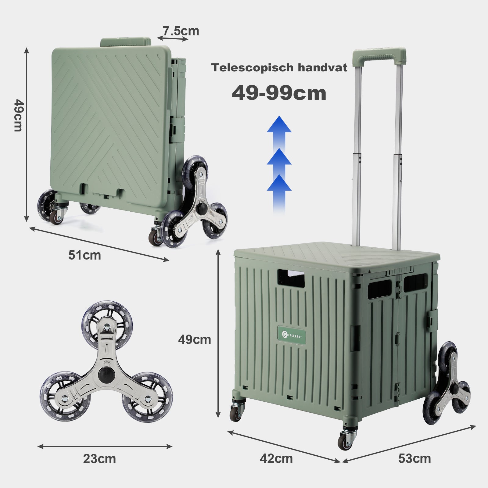 Boodschappentrolley 50L XL met trapwielen groen - boodschappenkrat - 35 kg draagvermogen - met deksel en telescopisch handvat