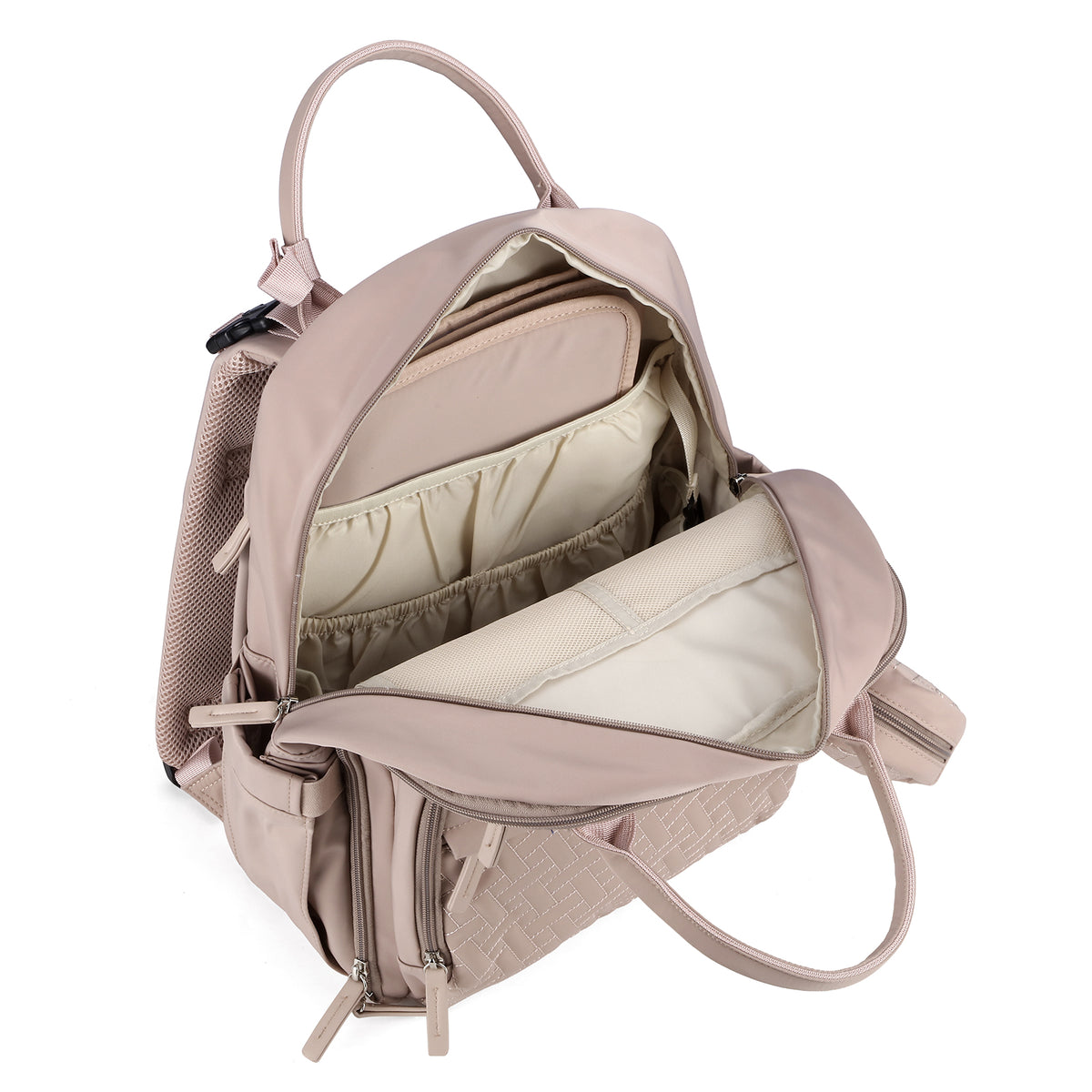 Brisby Premium Luiertas – Uitgebreide en Functionele Verzorgingstas – met buggymontage – Anti Diefstal Vakken - Reistrolley Sleeve - Inclusief verschoonmatje t.w.v.15,99 euro en speenhouder - Levenslange Garantie - Muted Rosé
