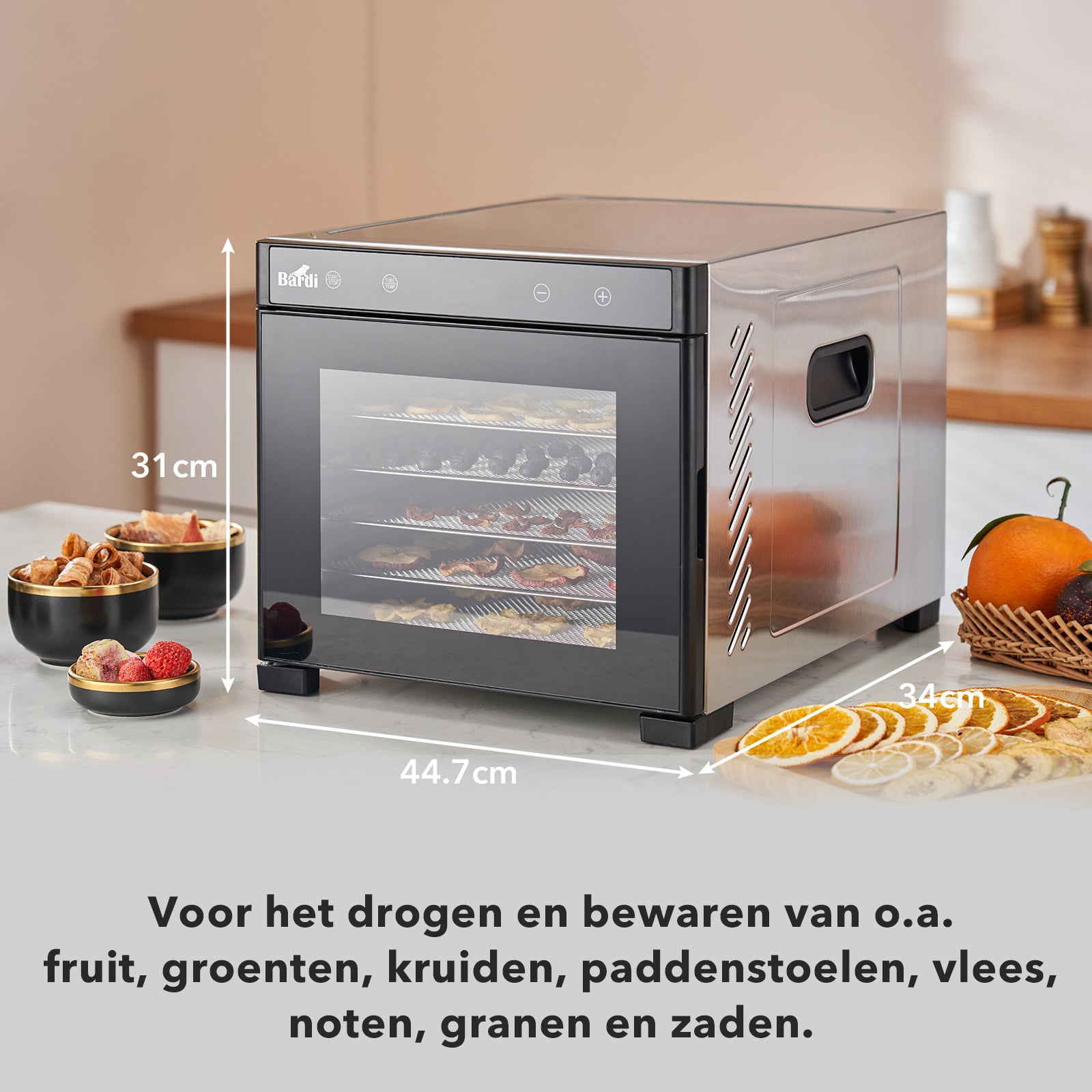 Bardi Voedseldroger 6-laags 650W RVS - 24-uurs timer - led-bedieningspaneel - incl. 6 inlegvellen en voedseltang