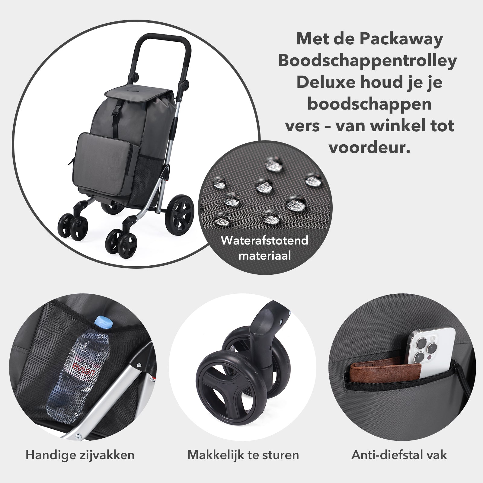 Boodschappentrolley deluxe 60L grijs - koelvak - boodschappenwagen - steekwagenfunctie - verstelbaar handvat