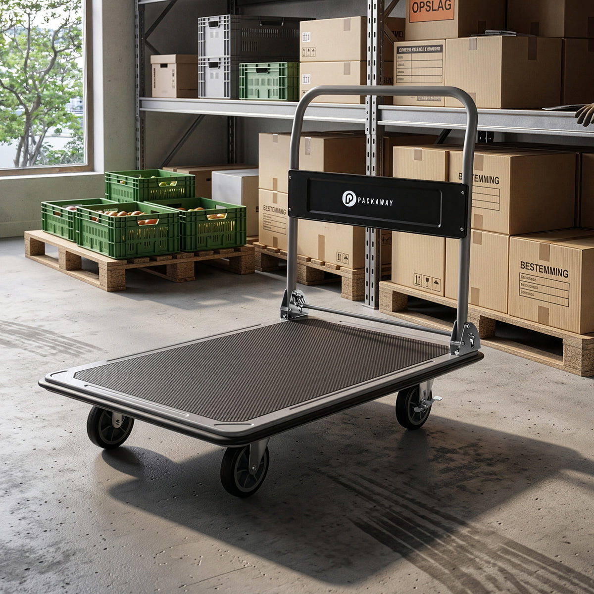 Packaway Opvouwbare Transportwagen 350 kg – Transportkar met Rem – 92 x 62 cm – Antislip Laadplatform – 4 Wielen – Inklapbare Duwbeugel