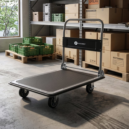 Packaway Opvouwbare Transportwagen 350 kg – Transportkar met Rem – 92 x 62 cm – Antislip Laadplatform – 4 Wielen – Inklapbare Duwbeugel