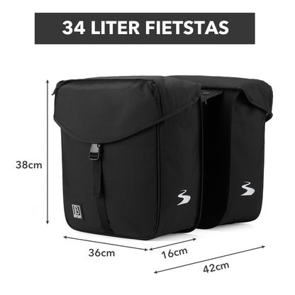 Brisby Dubbele Fietstas 34 Liter – Voor Gewone en Elektrische Fiets – Waterafstotend Polyester – Met Trekkoord, Gespsluiting en Reflectie – Zwart