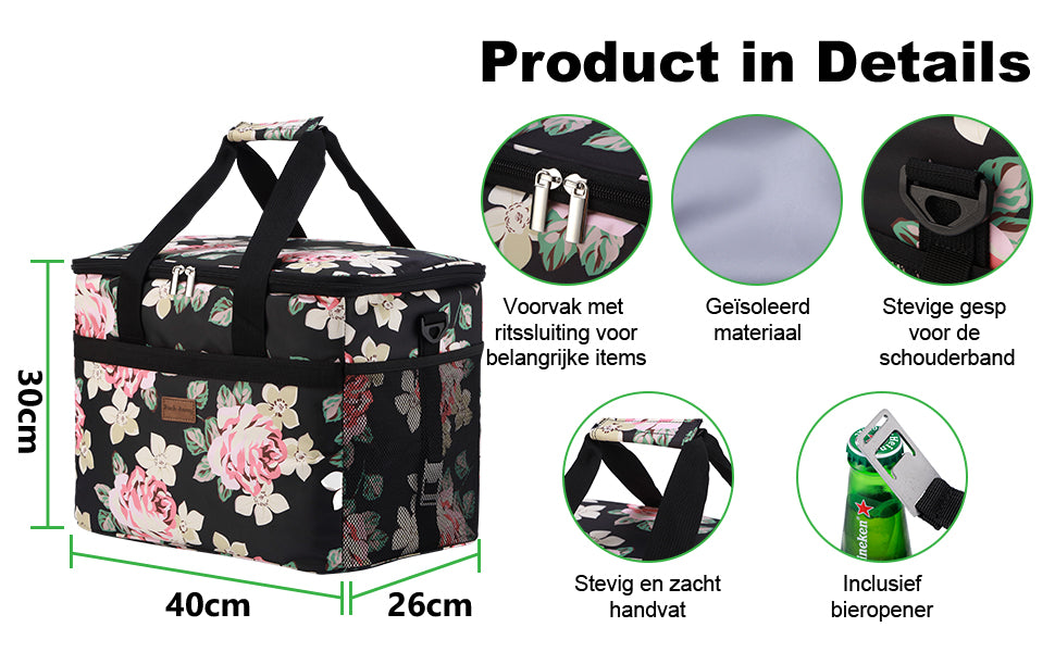 Koeltas 30L black flower - lunchtas - opvouwbaar - 4-laags geïsoleerd - incl. 4 gratis koelelementen en draagband