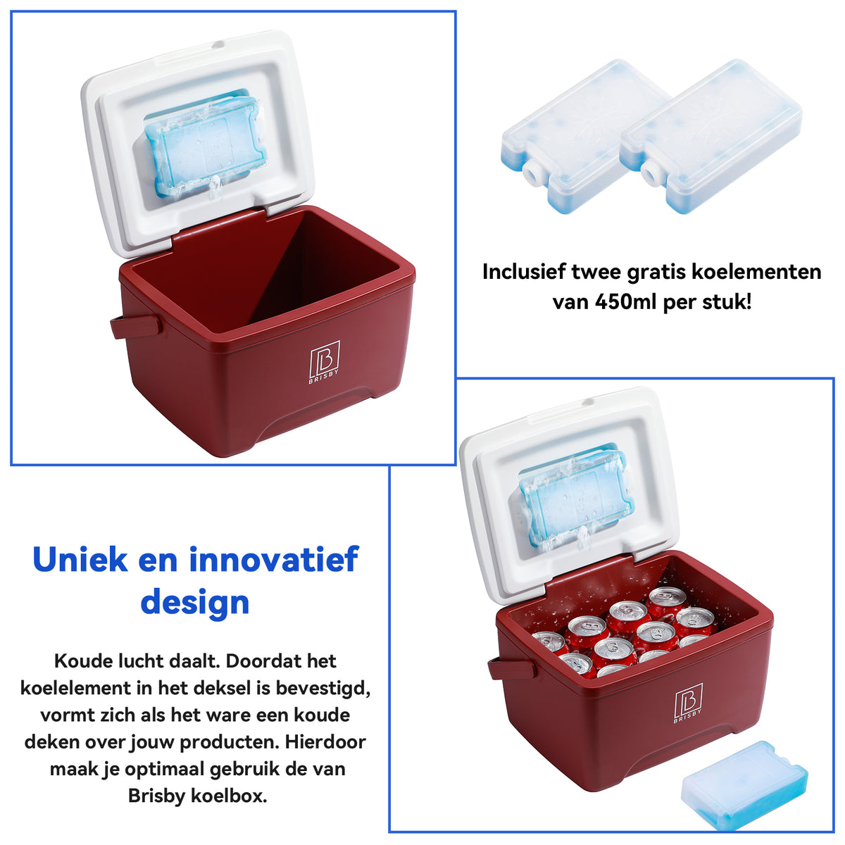 Brisby Koelbox - Frigobox - 8L - Rood - Tot maximaal 40 uur isolatie - Incl. 2 dikke koelelementen van 450ml - Met koelelementen vergrendeld in deksel en Brisby 500ml Zwarte Dubbelwandige Thermosfles