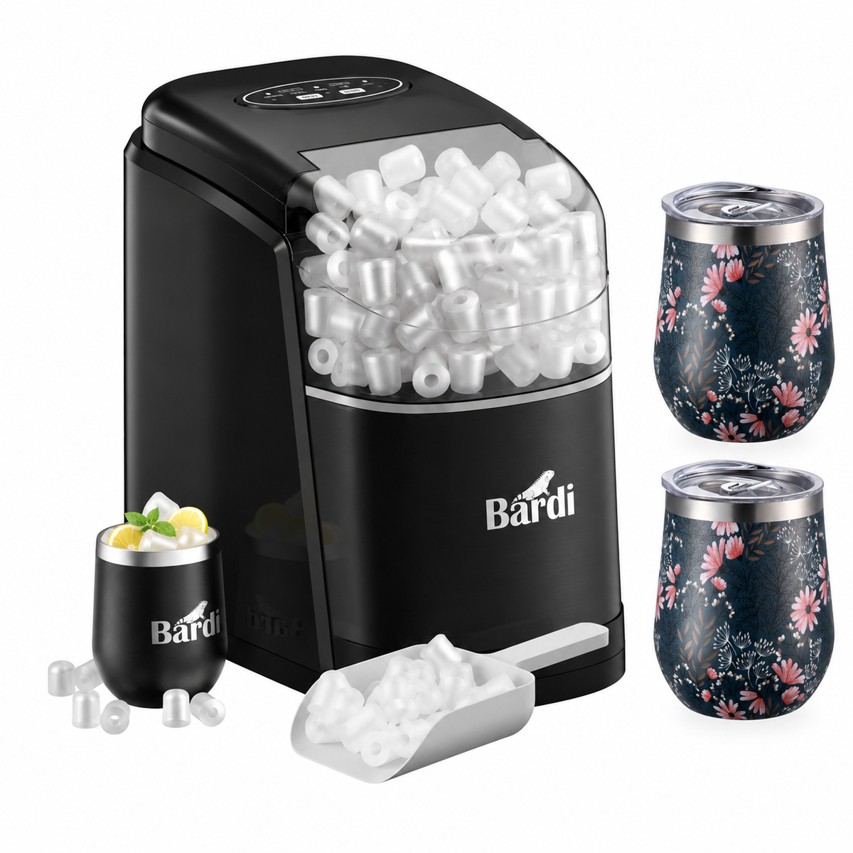 Bardi IJsblokjesmachine set 1,6L zwart - incl. 3 thermoscups japanese flower en ijsschep