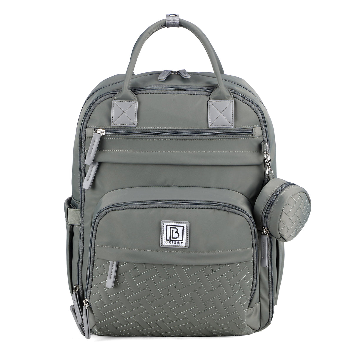 Brisby Premium Luiertas – Uitgebreide en Functionele Verzorgingstas – met buggymontage – Anti Diefstal Vakken - Reistrolley Sleeve - Inclusief verschoonmatje t.w.v.15,99 euro en speenhouder - Levenslange Garantie - Misty Green