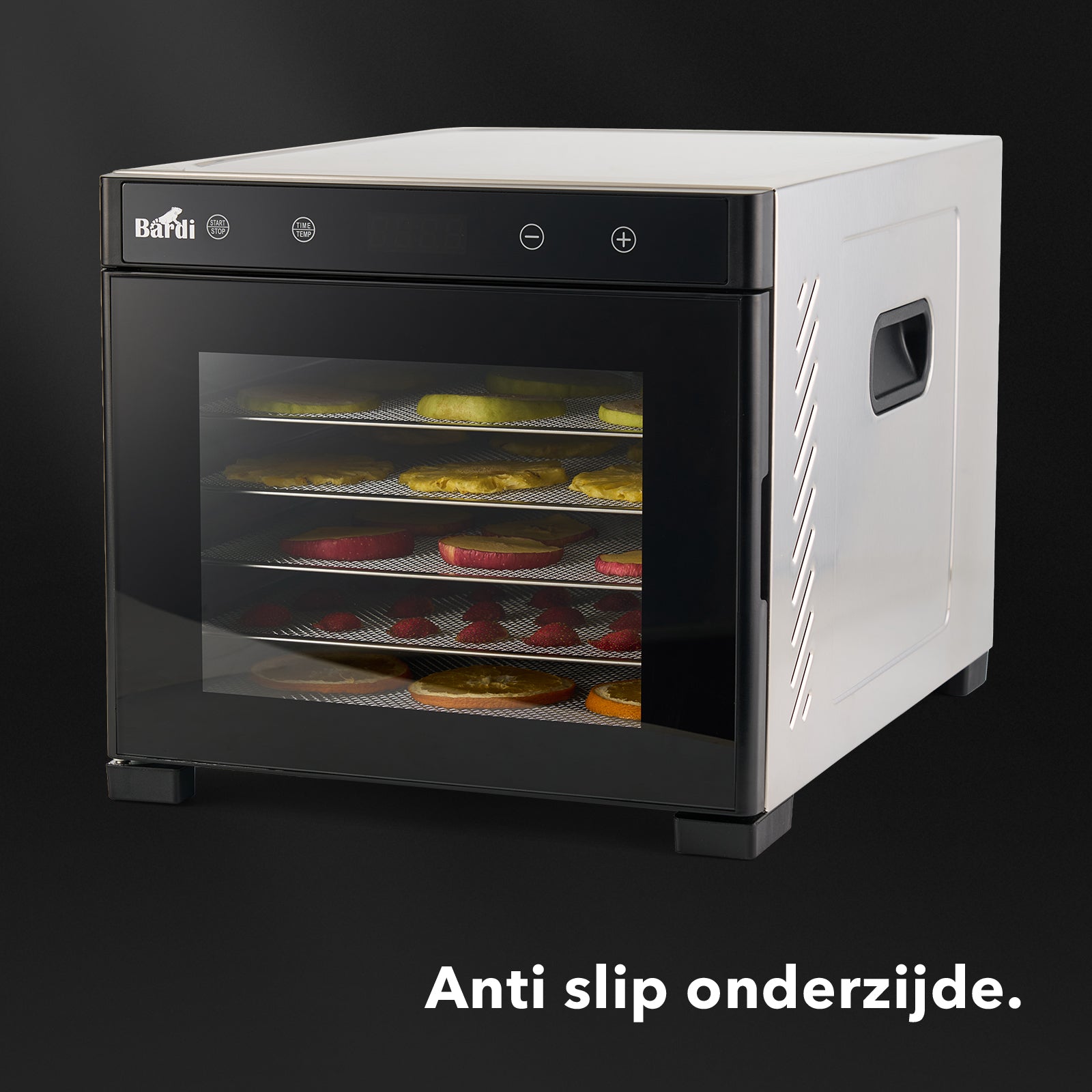 Bardi Voedseldroger 6-laags 650W RVS - 24-uurs timer - led-bedieningspaneel - incl. 6 inlegvellen en voedseltang