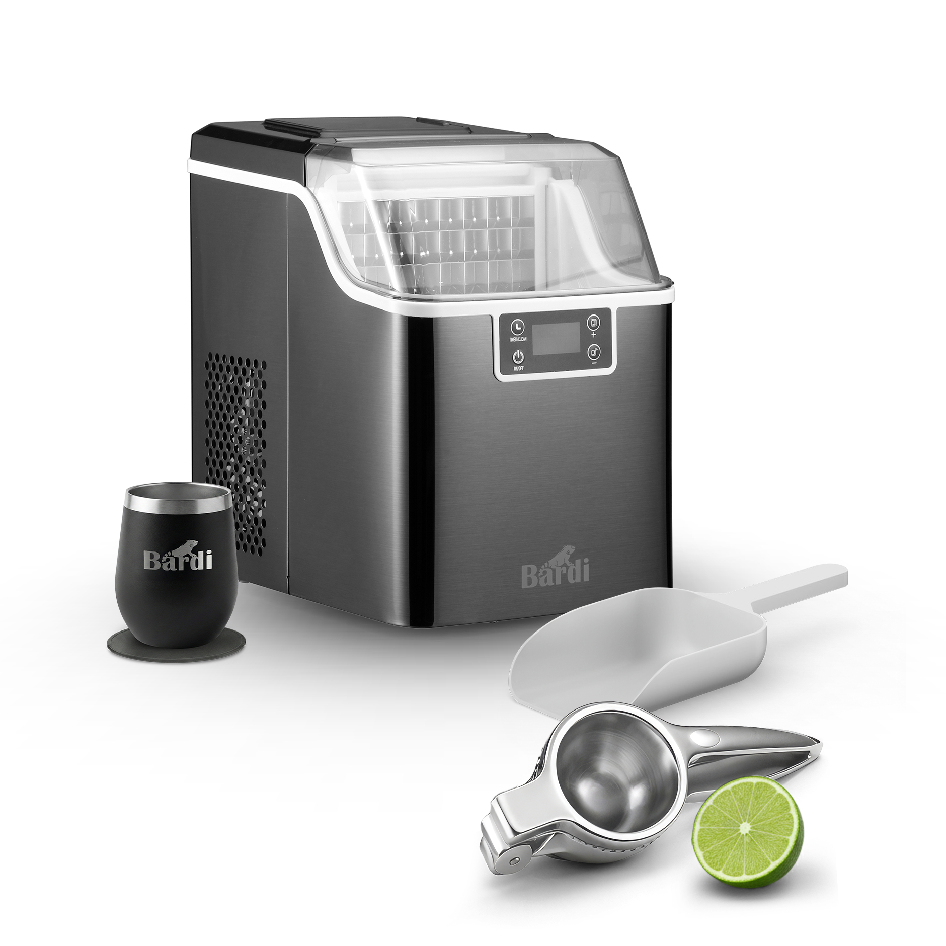 Bardi 3,2L Deluxe IJsblokjesmachine - Vierkante IJsblokmaker - LCD Display - 20Kg/24 uur. inclusief Thermosbeker en IJsschep - ZWART met citruspers RVS