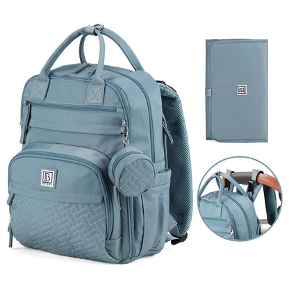 Brisby Premium Luiertas – Uitgebreide en Functionele Verzorgingstas – met buggymontage – Anti Diefstal Vakken - Reistrolley Sleeve - Inclusief verschoonmatje t.w.v.15,99 euro en speenhouder - Levenslange Garantie - Misty Blue