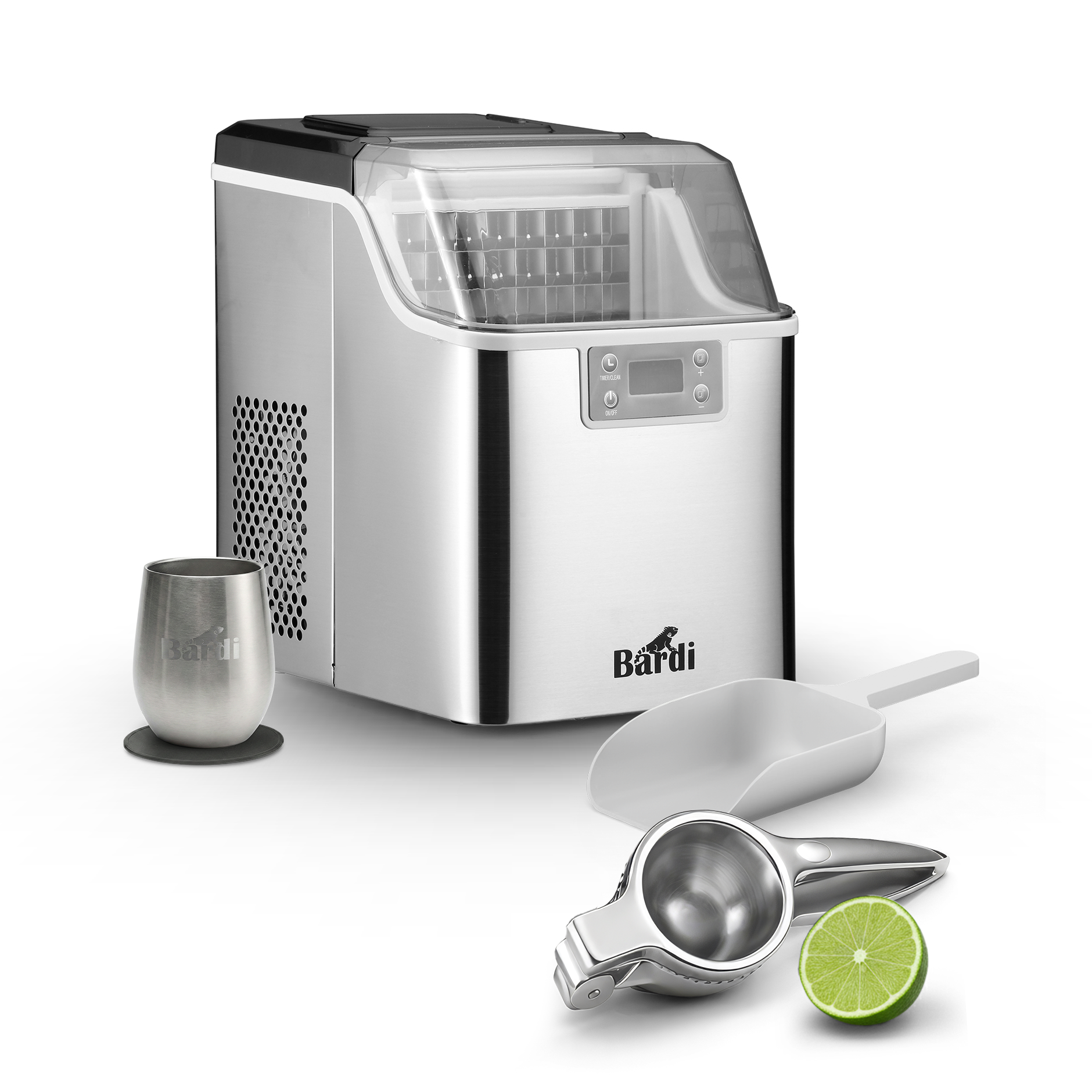 Bardi 3,2L Deluxe IJsblokjesmachine - Vierkante IJsblokmaker - LCD Display - 20Kg/24 uur. inclusief Thermosbeker en IJsschep- RVS met citruspers RVS