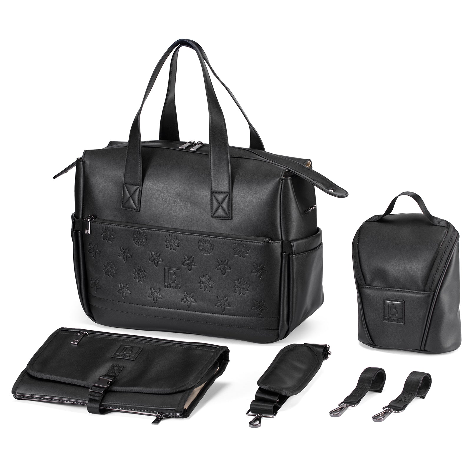 Venezia diaper bag and weekend bag black - PU leather - shoulder bag - wear-resistant - Incl. buggy/pram hooks, changing mat and cool bag