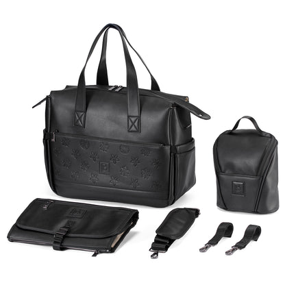 Venezia diaper bag and weekend bag black - PU leather - shoulder bag - wear-resistant - Incl. buggy/pram hooks, changing mat and cool bag