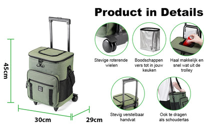 Boodschappentrolley 32L met volledig koelvak groen - 4 extra vakken - uitneembaar koelvak - trekstang in hoogte verstelbaar