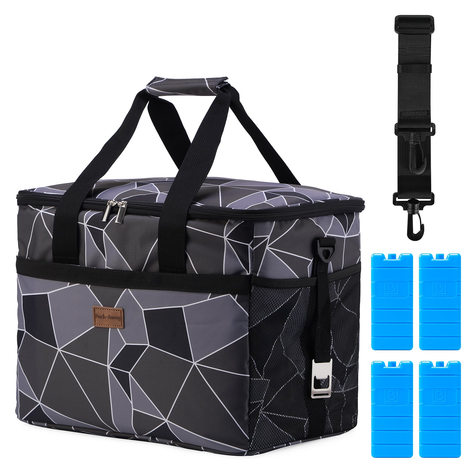 Koeltas 30L abstract grijs en zwart - lunchtas - opvouwbaar - 4-laags geïsoleerd - incl. 4 gratis koelelementen en draagband