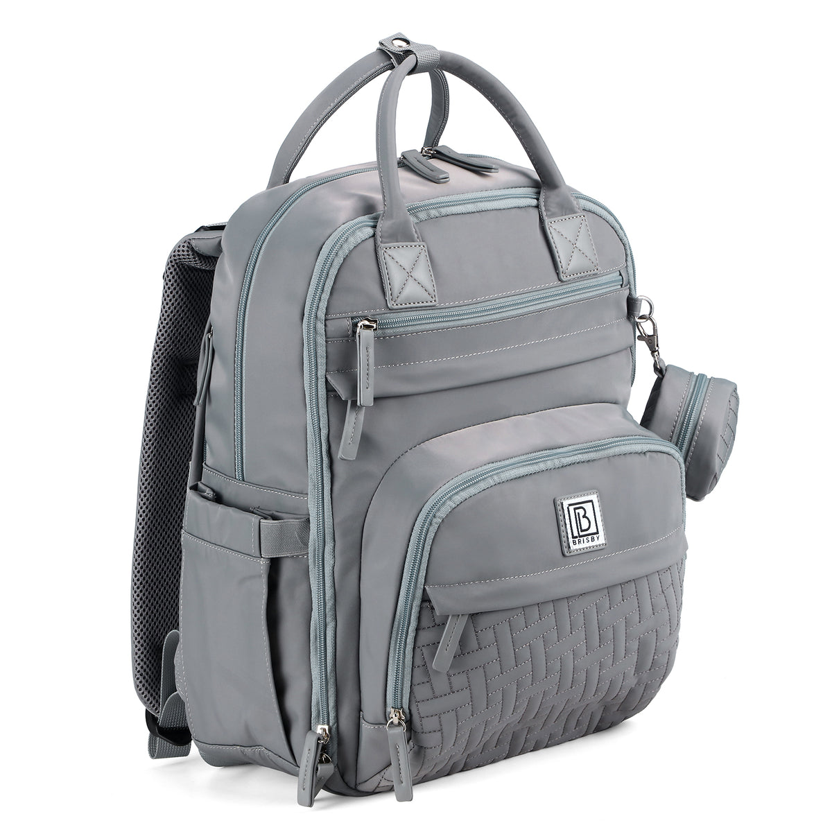 Brisby Premium Luiertas – Uitgebreide en Functionele Verzorgingstas – met buggymontage – Anti Diefstal Vakken - Reistrolley Sleeve - Inclusief verschoonmatje t.w.v.15,99 euro en speenhouder - Levenslange Garantie - Misty Grey