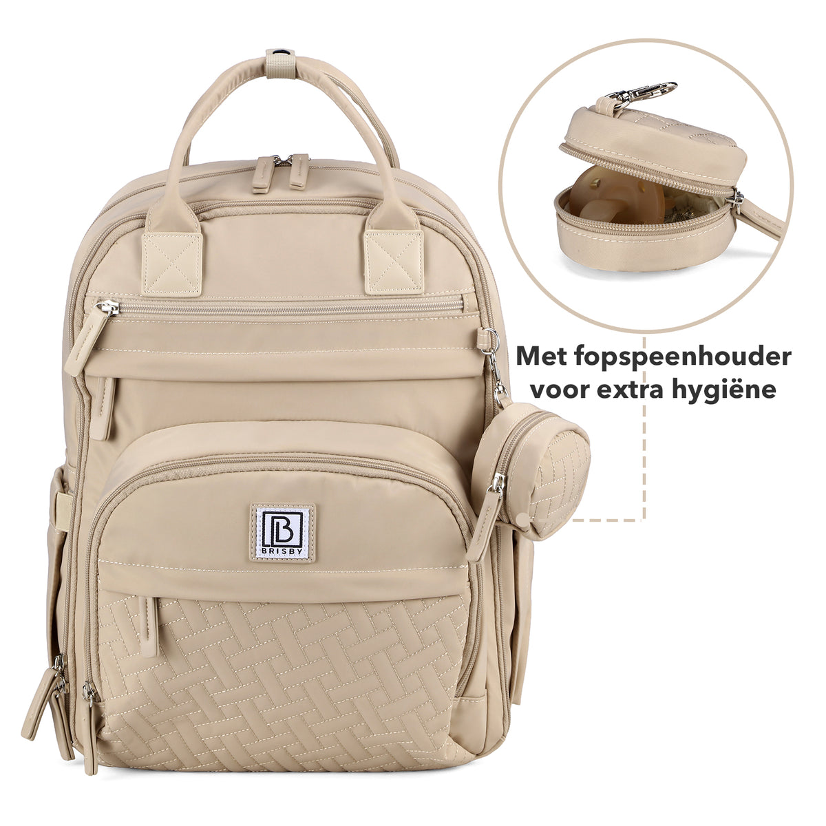 Brisby Premium Luiertas – Uitgebreide en Functionele Verzorgingstas – met buggymontage – Anti Diefstal Vakken - Reistrolley Sleeve - Inclusief verschoonmatje t.w.v.15,99 euro en speenhouder - Levenslange Garantie - Natural Champagne