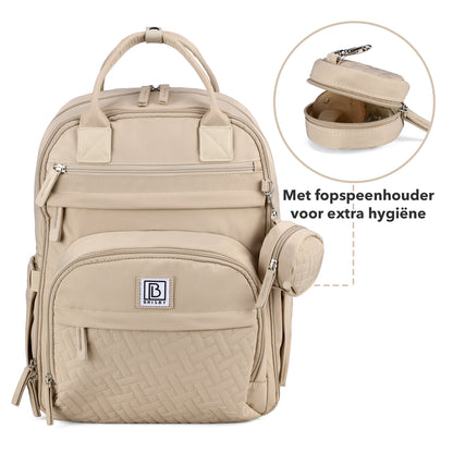 Brisby Premium Luiertas – Uitgebreide en Functionele Verzorgingstas – met buggymontage – Anti Diefstal Vakken - Reistrolley Sleeve - Inclusief verschoonmatje t.w.v.15,99 euro en speenhouder - Levenslange Garantie - Natural Champagne