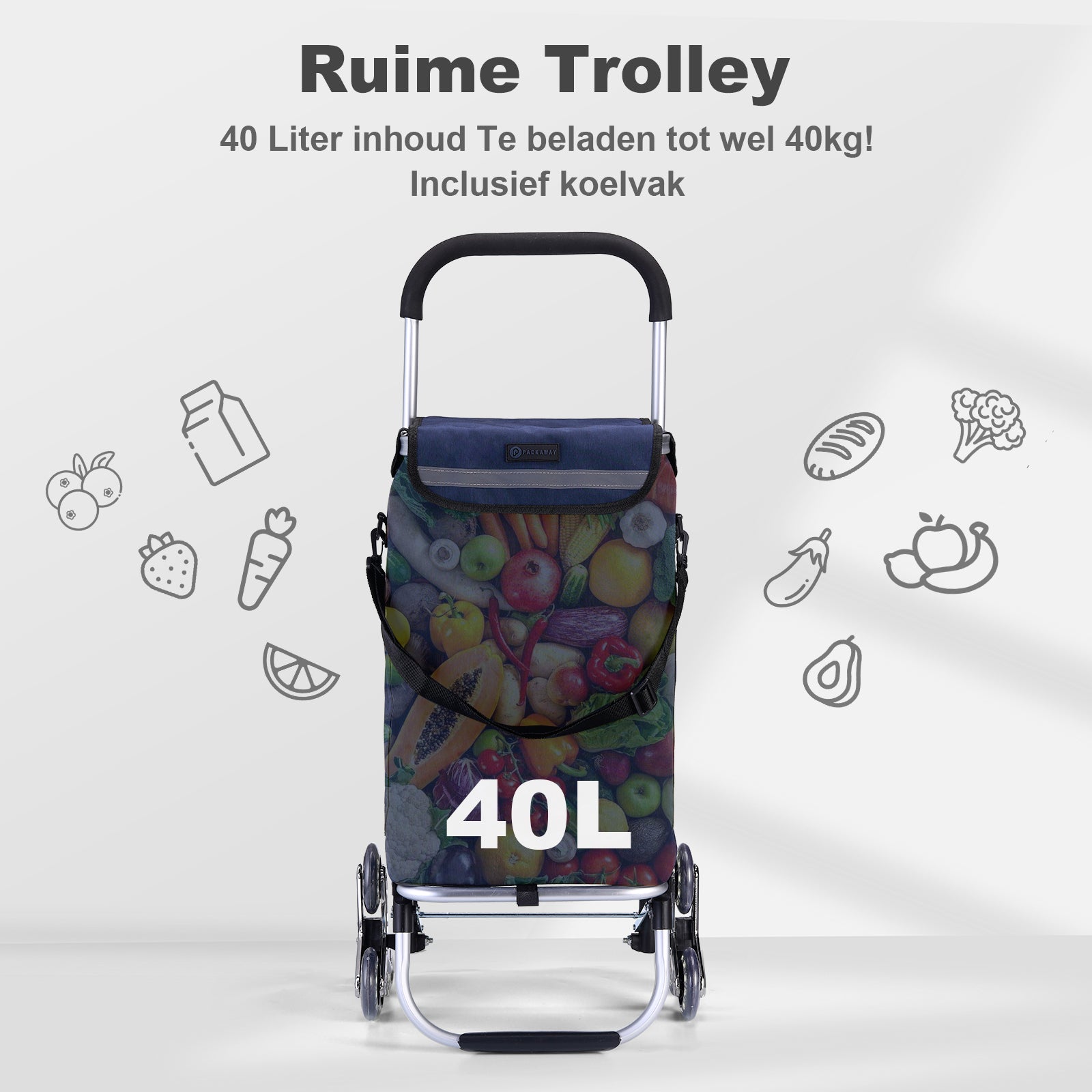 Boodschappentrolley met trapwielen 40L blauw - winkelwagen ophanging - opvouwbaar - telescopisch handvat