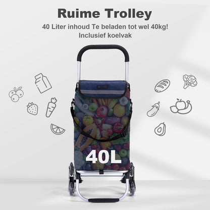 Boodschappentrolley met trapwielen 40L blauw - winkelwagen ophanging - opvouwbaar - telescopisch handvat