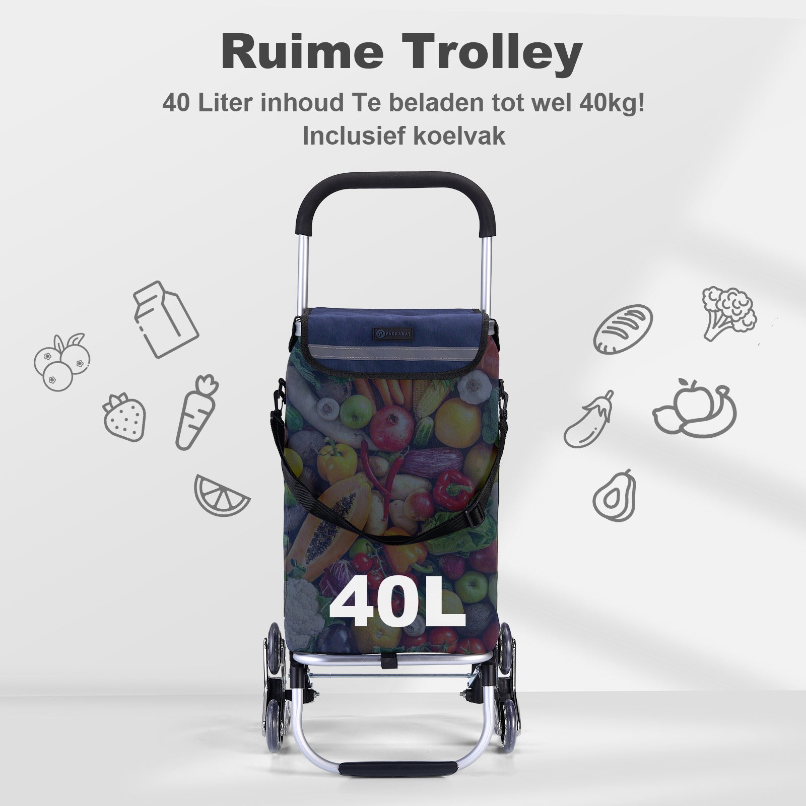 Packaway Boodschappentrolley 40L blauw - incl. trapwielen - steekwagenfunctie