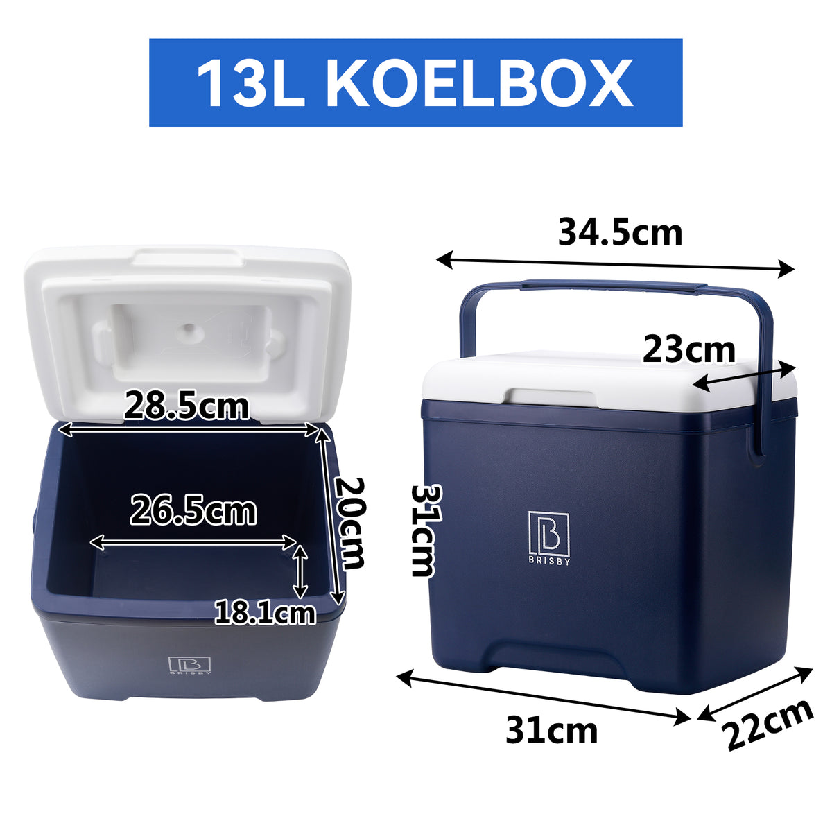 Brisby Koelbox - Frigobox - 13L- Blauw - Tot maximaal 40 uur isolatie - Incl. 2 dikke koelelementen van 450ml - Met koelelementen vergrendeld in deksel en Brisby 500ml Zwarte Dubbelwandige Thermosfles
