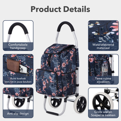 Packaway Boodschappentrolley 45L met Koelvak - Boodschappenwagen met Grote Wielen - Steekwagenfunctie - Waterafstotend - Japanese Flower